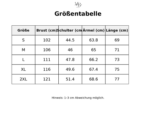 Größentabelle mit detaillierten Maßen