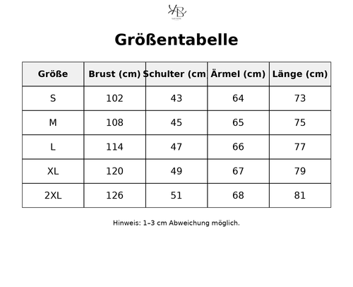 Größentabelle mit detaillierten Maßen