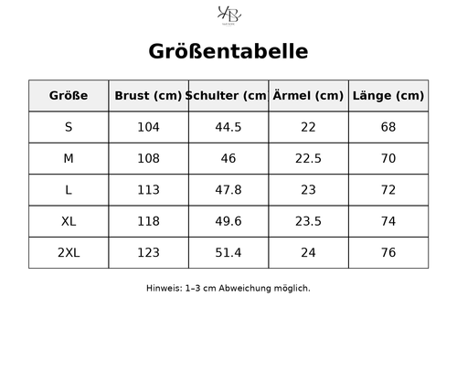 Größentabelle mit detaillierten Maßen