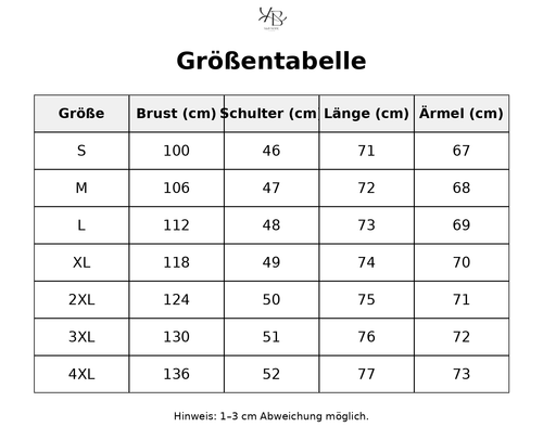 Größentabelle mit detaillierten Maßen