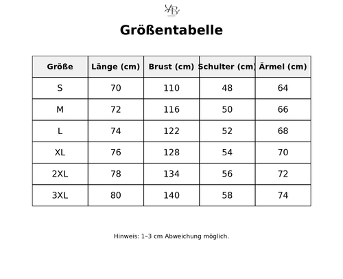Größentabelle mit detaillierten Maßen
