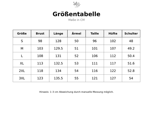 Größentabelle mit detaillierten Maßen