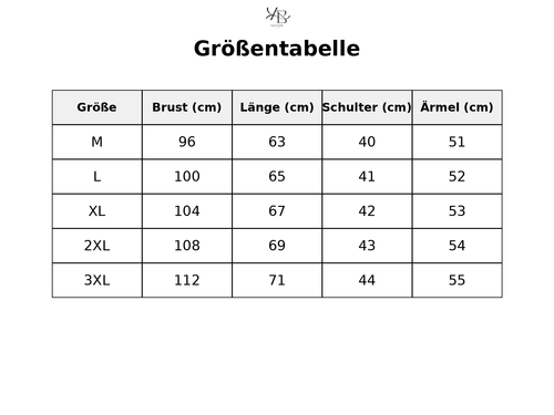 Größentabelle mit detaillierten Maßen