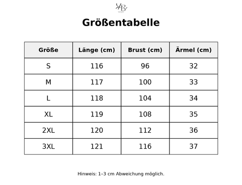 Größentabelle mit detaillierten Maßen
