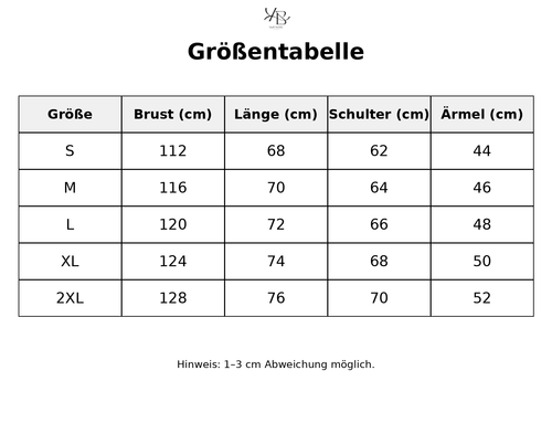 Größentabelle mit detaillierten Maßen
