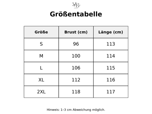 Größentabelle mit detaillierten Maßen