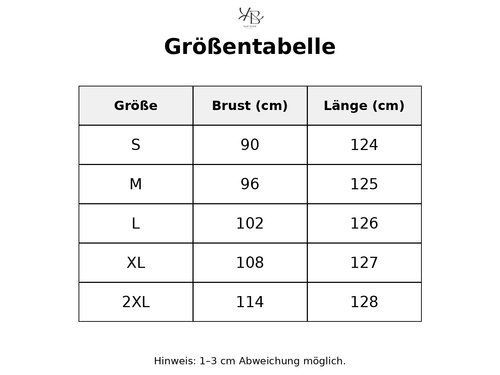 Größentabelle mit detaillierten Maßen