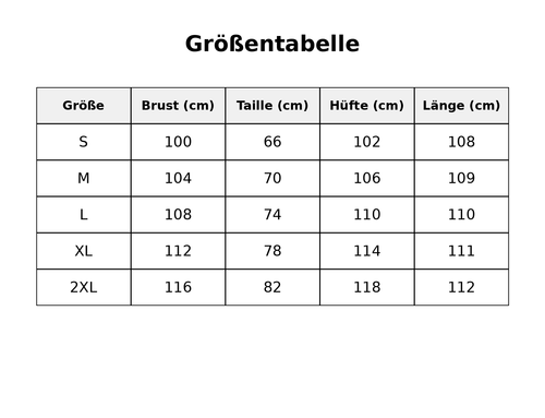 Größentabelle mit detaillierten Maßen