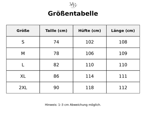 Größentabelle mit detaillierten Maßen