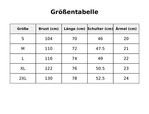 Größentabelle mit detaillierten Maßen