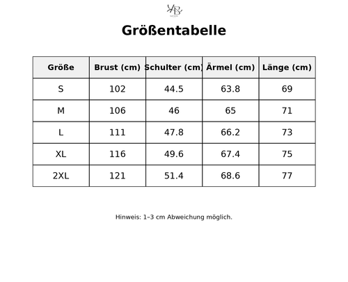 Größentabelle mit detaillierten Maßen