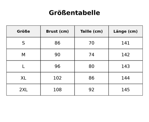 Größentabelle mit detaillierten Maßen