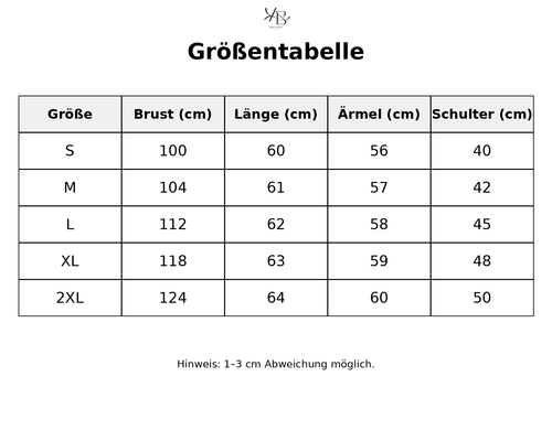 Größentabelle mit detaillierten Maßen