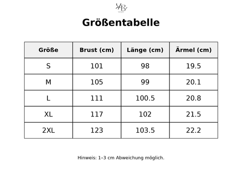 Größentabelle mit detaillierten Maßen