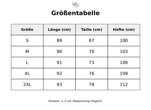 Größentabelle mit detaillierten Maßen