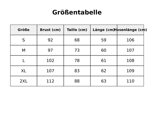 Größentabelle mit detaillierten Maßen