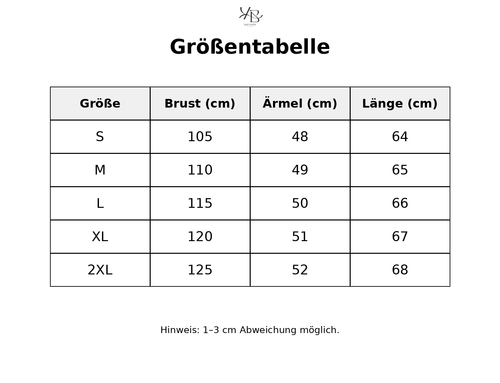 Größentabelle mit detaillierten Maßen