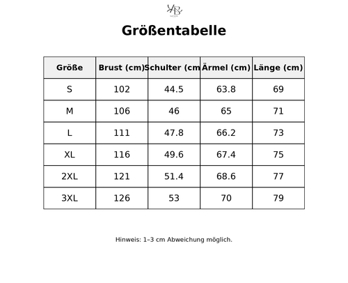 Größentabelle mit detaillierten Maßen