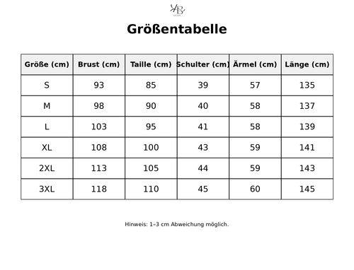 Größentabelle mit detaillierten Maßen