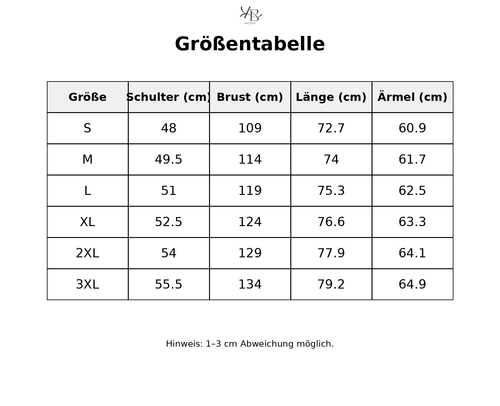 Größentabelle mit detaillierten Maßen