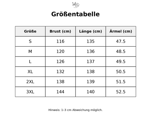 Größentabelle mit detaillierten Maßen