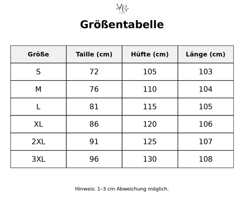 Größentabelle mit detaillierten Maßen