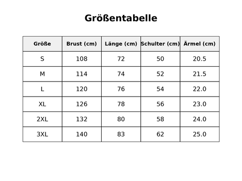 Größentabelle mit detaillierten Maßen