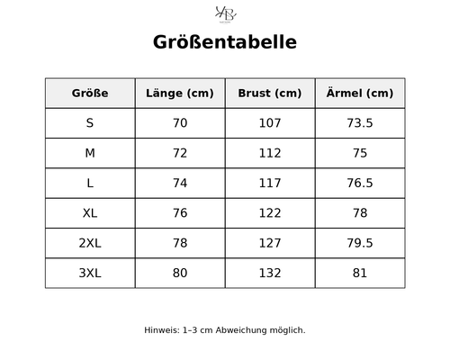 Größentabelle mit detaillierten Maßen