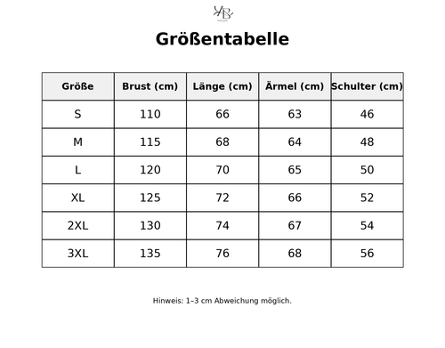 Größentabelle mit detaillierten Maßen