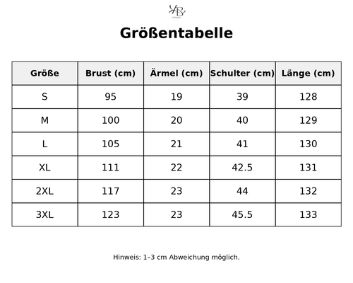 Größentabelle mit detaillierten Maßen