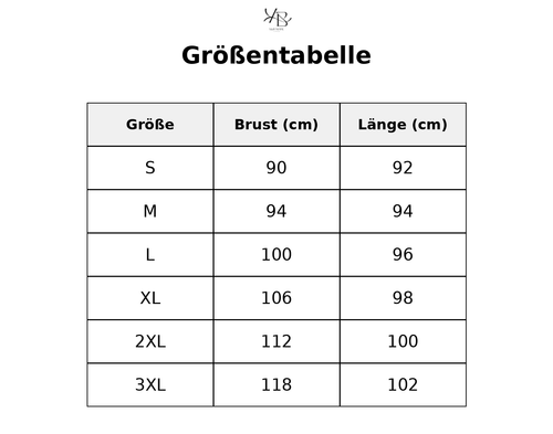 Größentabelle mit detaillierten Maßen