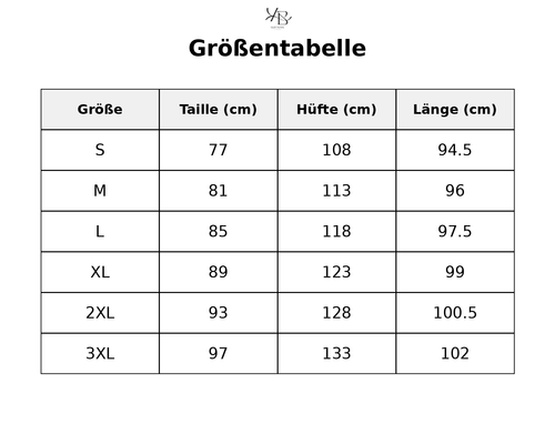 Größentabelle mit detaillierten Maßen