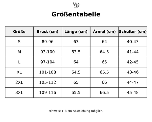 Größentabelle mit detaillierten Maßen
