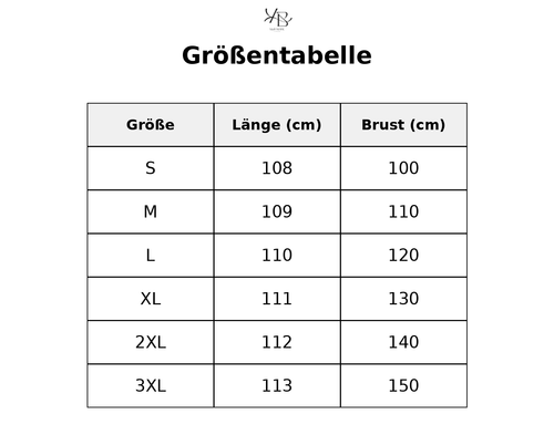 Größentabelle mit detaillierten Maßen