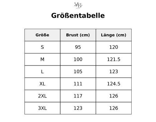 Größentabelle mit detaillierten Maßen