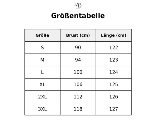 Größentabelle mit detaillierten Maßen