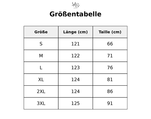Größentabelle mit detaillierten Maßen