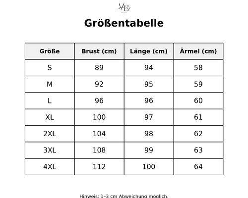 Größentabelle mit detaillierten Maßen