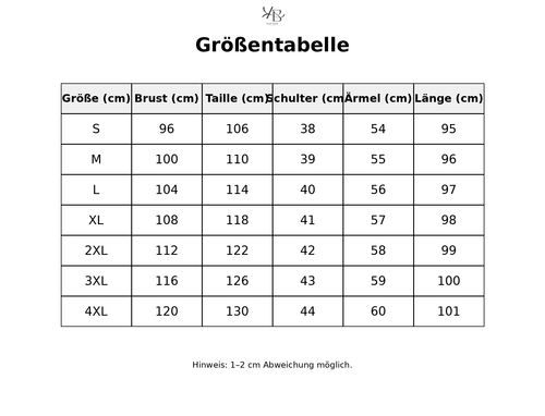 Größentabelle mit detaillierten Maßen