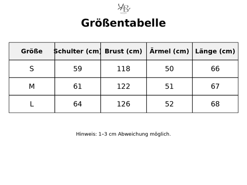 Größentabelle mit detaillierten Maßen