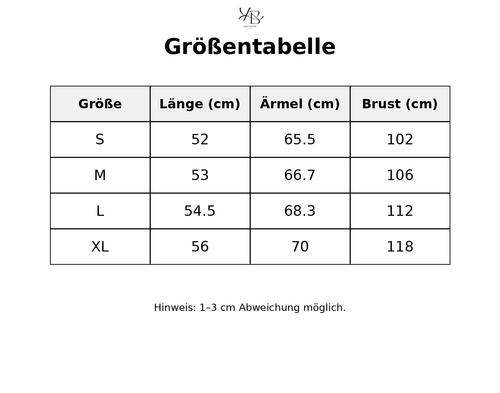 Größentabelle mit detaillierten Maßen