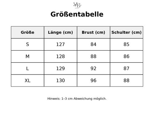 Größentabelle mit detaillierten Maßen