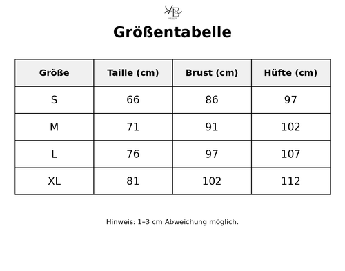 Größentabelle mit detaillierten Maßen