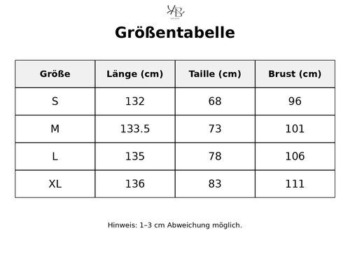 Größentabelle mit detaillierten Maßen