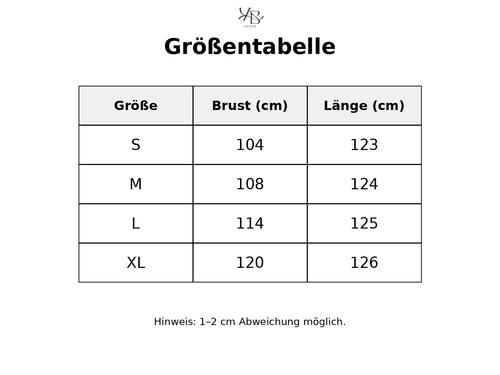Größentabelle mit detaillierten Maßen