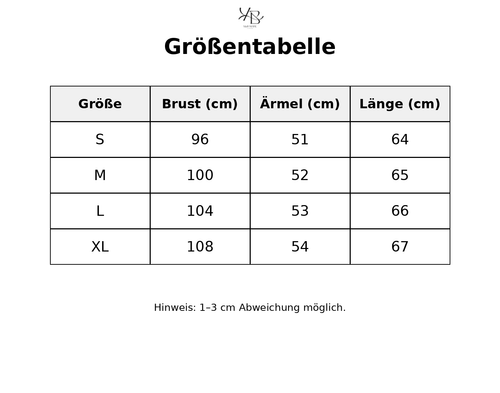 Größentabelle mit detaillierten Maßen