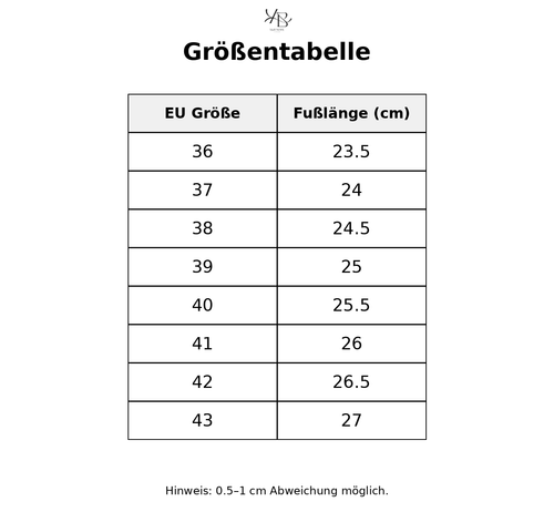 Größentabelle mit detaillierten Maßen
