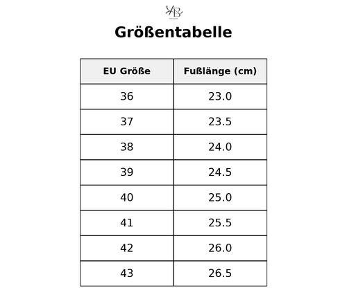 Größentabelle mit detaillierten Maßen
