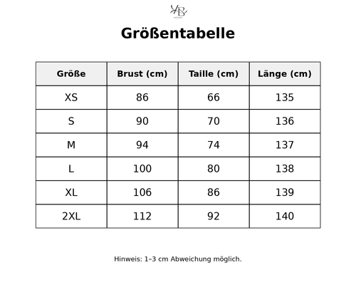 Größentabelle mit detaillierten Maßen