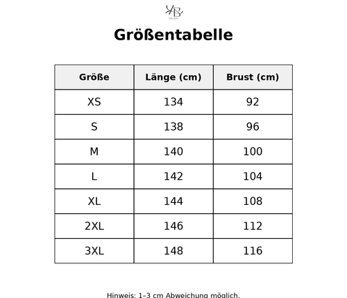 Größentabelle mit detaillierten Maßen